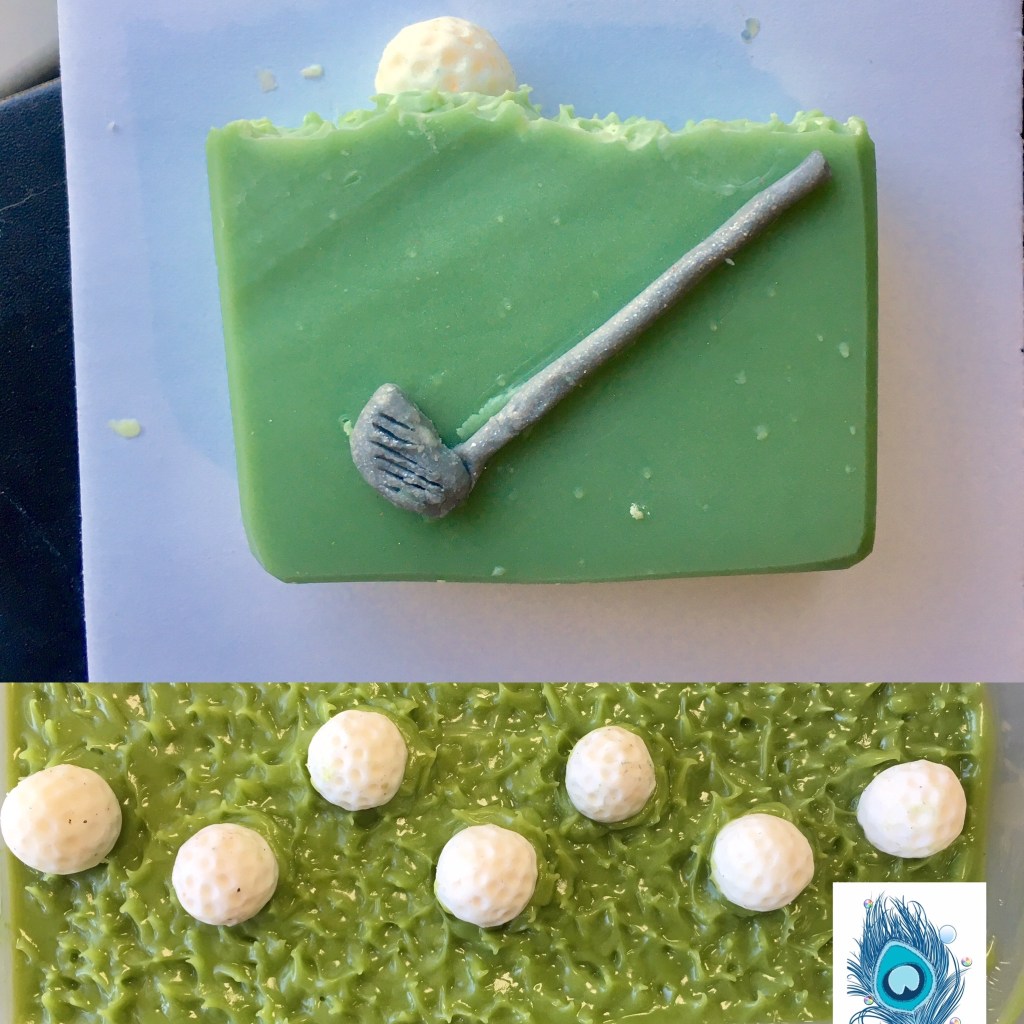 Green solid soap with miniature gold ball and golf club decoration 
