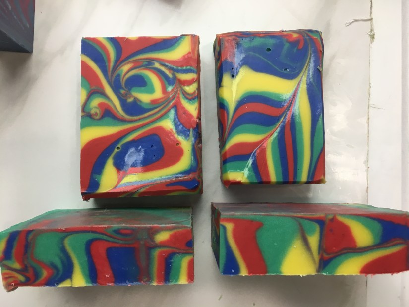 Spin swirl soap in primary colors, strong colored soap