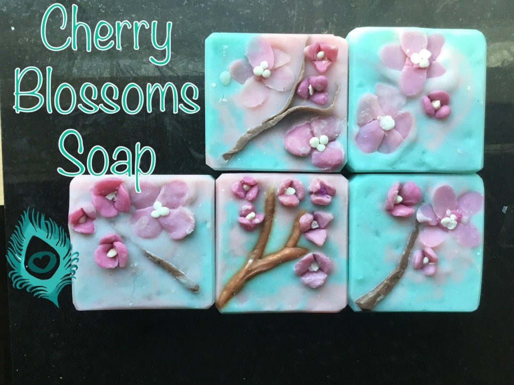 Light blue and pink soap with cherry blossom flowers